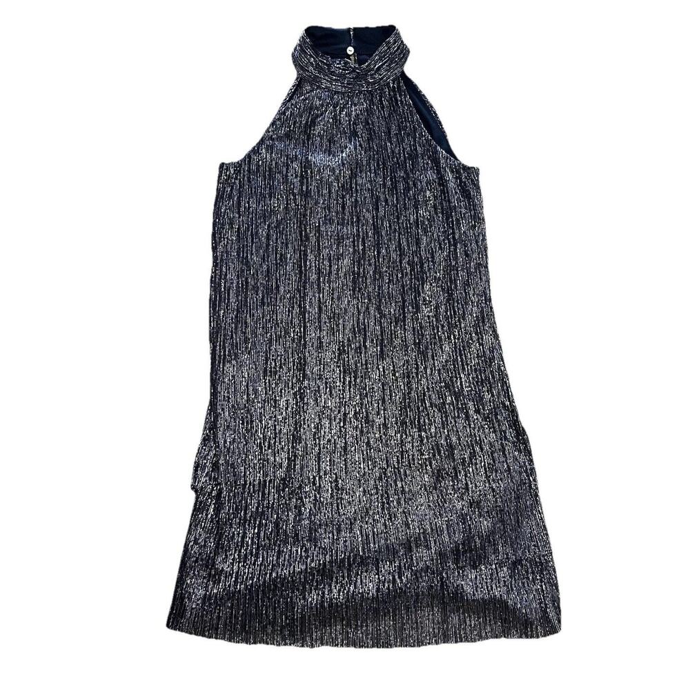 London Times Dress 6 Black Metallic Halter Sleeveless Lined Knee Length New